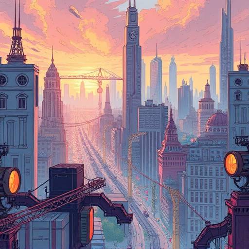 A detailed cityscape illustration showcasing futuristic architecture and diverse inhabitants, depicting a vibrant and well-developed comic book world.