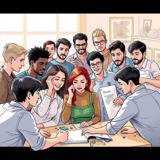 Hero image showcasing a diverse group of comic artists collaborating in a brightly lit studio